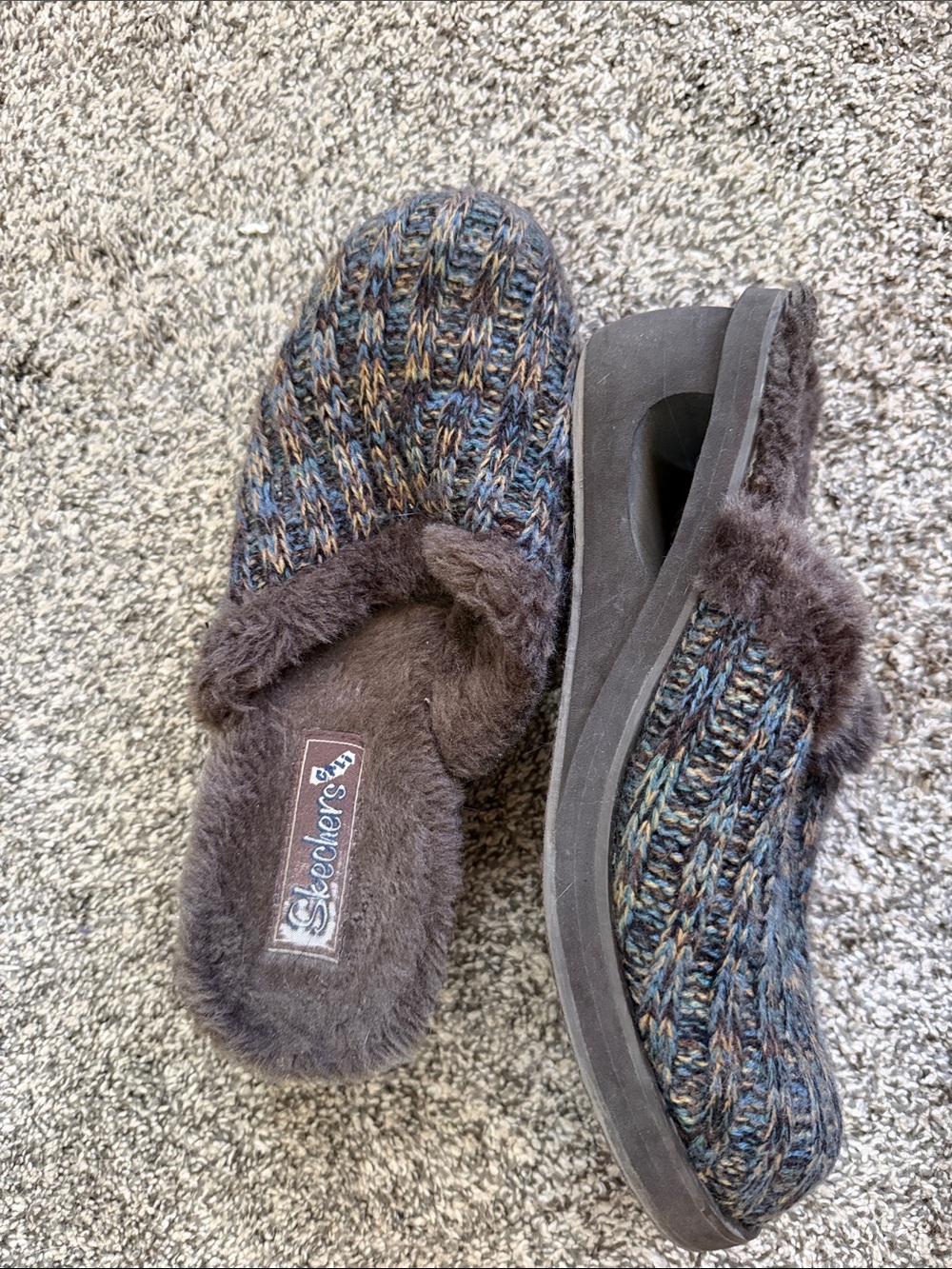 Skechers Women's Multicolor Knit Slip-On Clog with Brown Faux Fur Trim